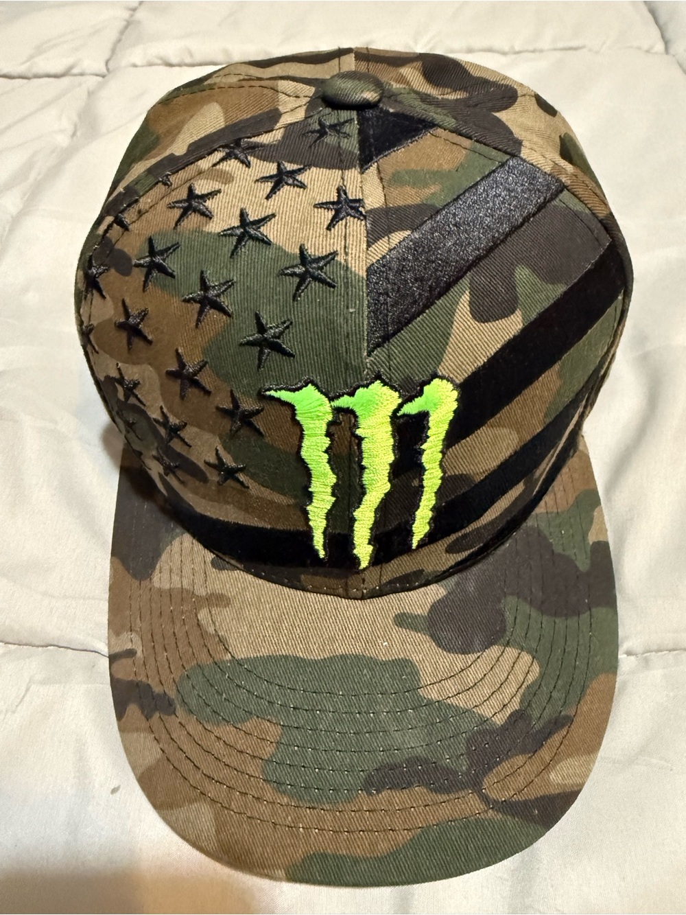 Monster Energy Camo Trucker Cap with Neon Green Logo